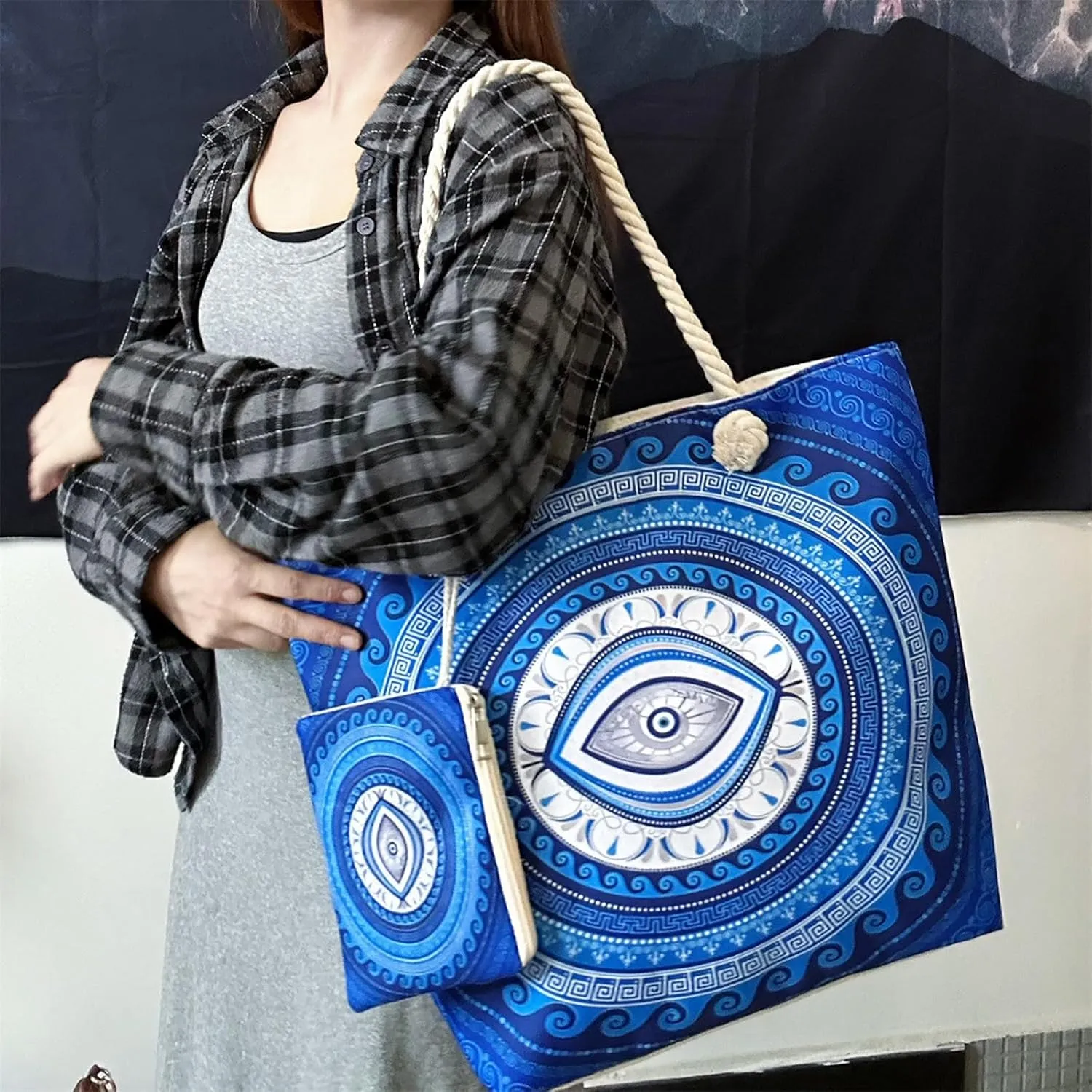 Large Capacity Women's Evil Eye Beach Tote Bag, with Wet Compartment and Zippered Pouch for Travel, Pool, and Everyday Use