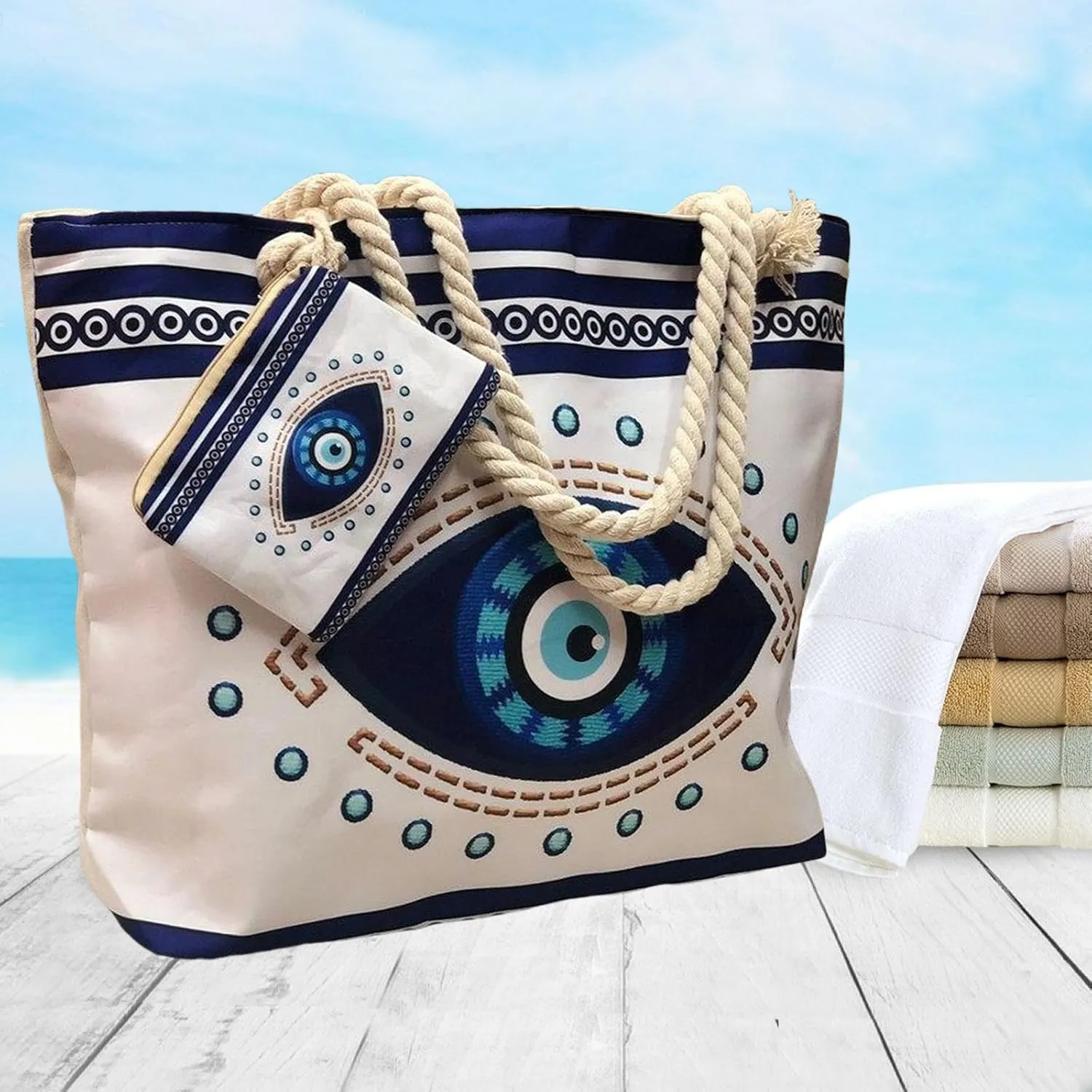Large Capacity Women's Evil Eye Beach Tote Bag, with Wet Compartment and Zippered Pouch for Travel, Pool, and Everyday Use