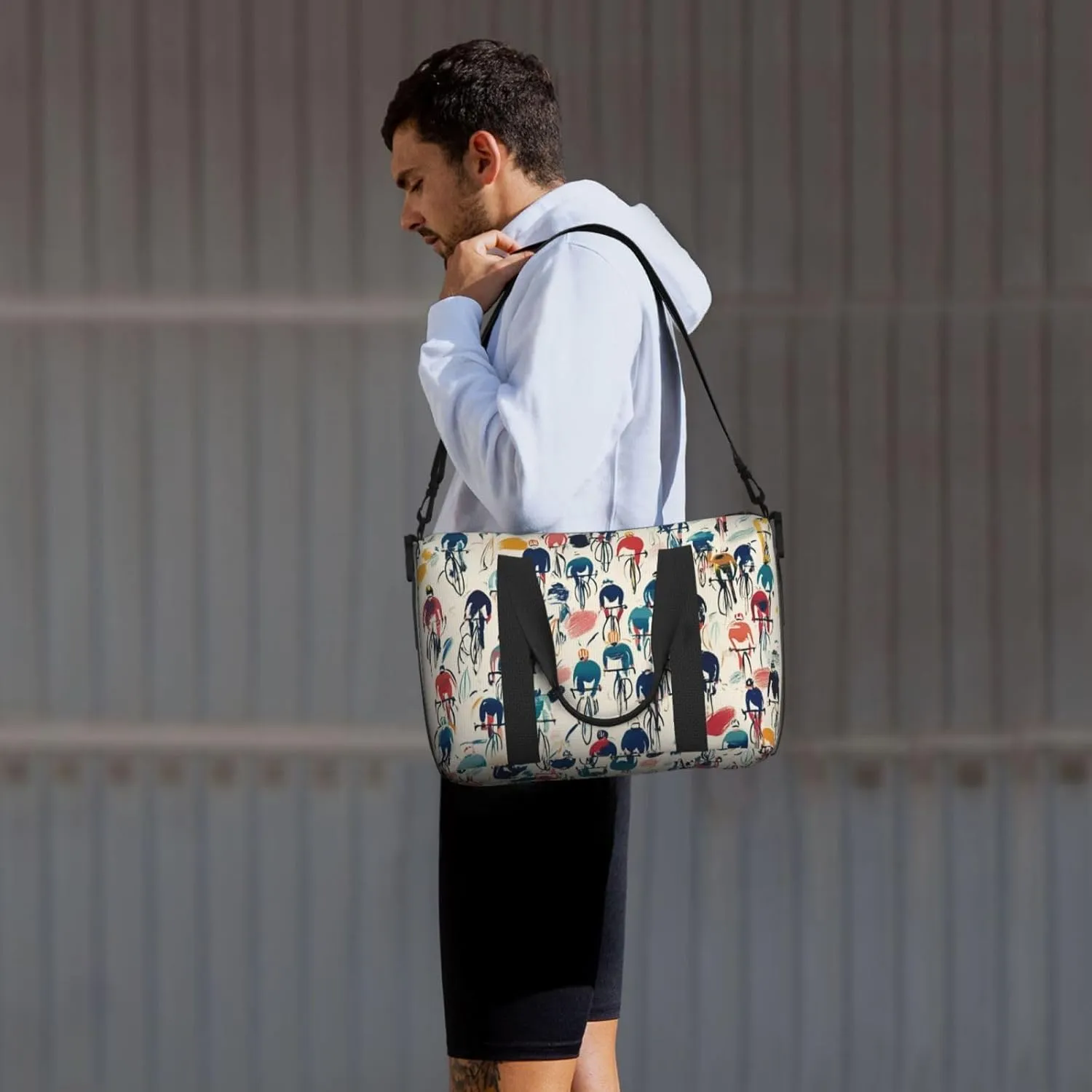 large number cyclists print Travel Duffel Bag, Sports Tote Gym Bag, Swim Pool Bag Large Shoulder Tote Bag for Beach Weekender