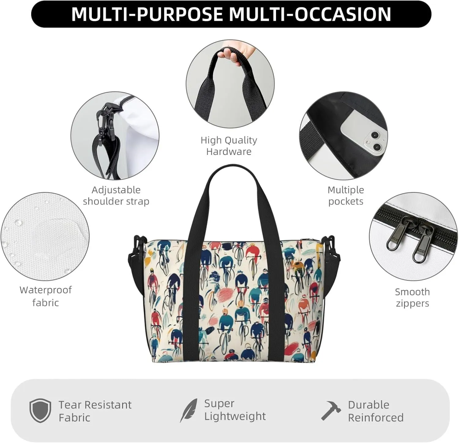 large number cyclists print Travel Duffel Bag, Sports Tote Gym Bag, Swim Pool Bag Large Shoulder Tote Bag for Beach Weekender