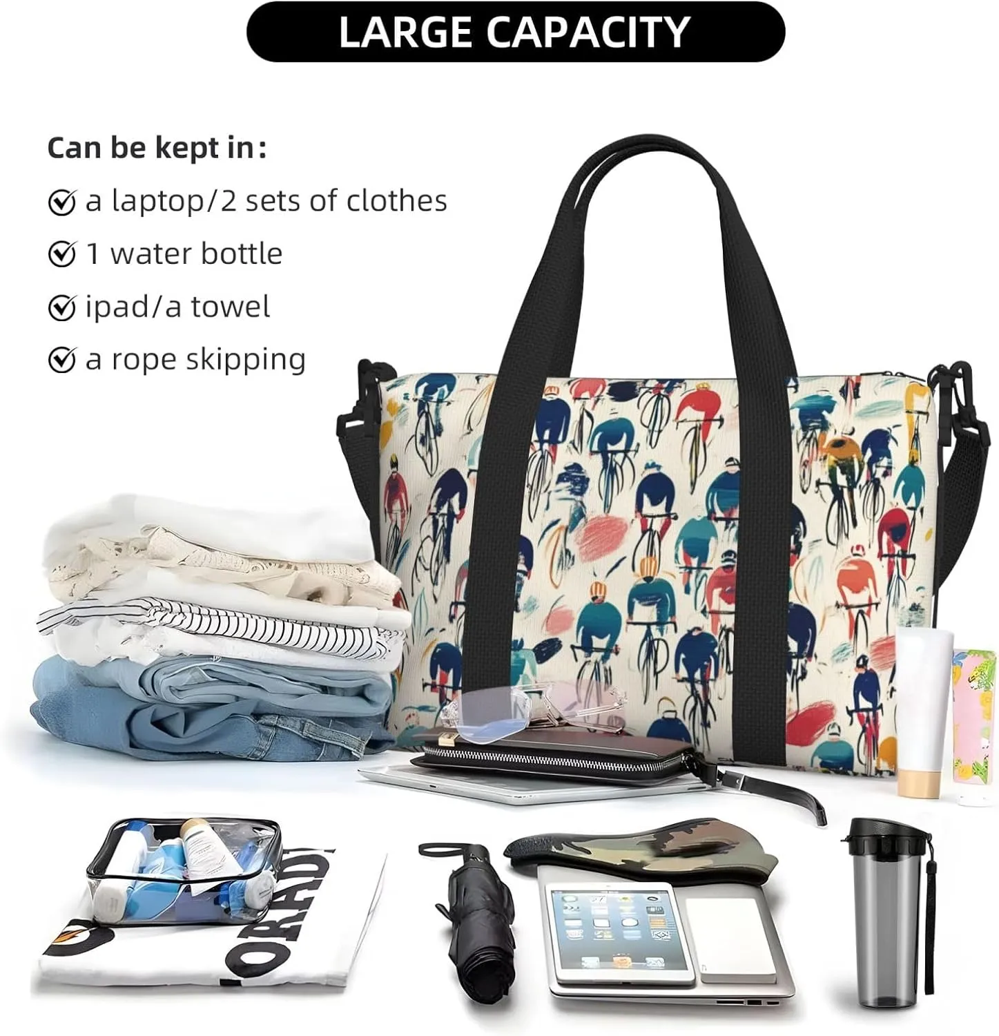 large number cyclists print Travel Duffel Bag, Sports Tote Gym Bag, Swim Pool Bag Large Shoulder Tote Bag for Beach Weekender