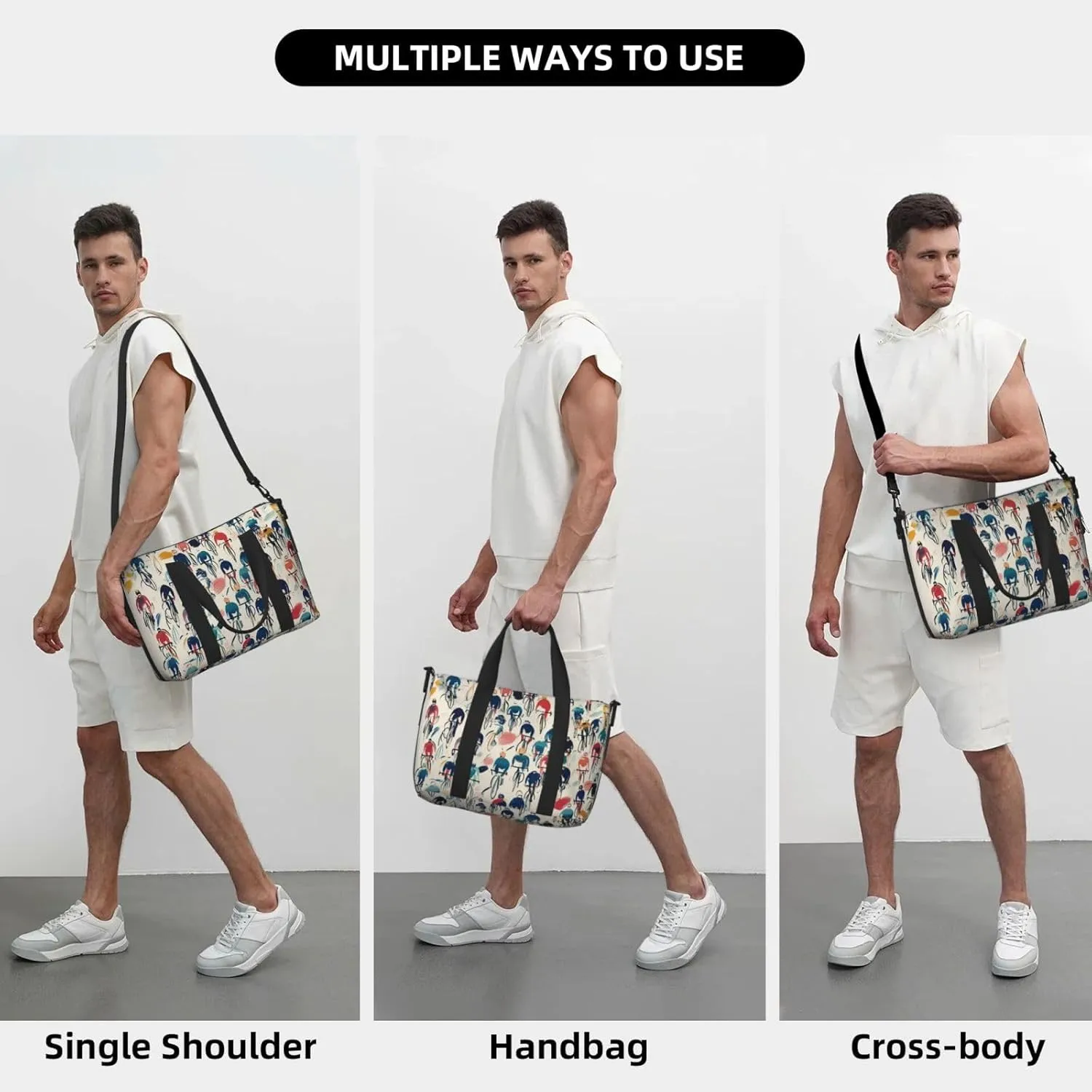 large number cyclists print Travel Duffel Bag, Sports Tote Gym Bag, Swim Pool Bag Large Shoulder Tote Bag for Beach Weekender