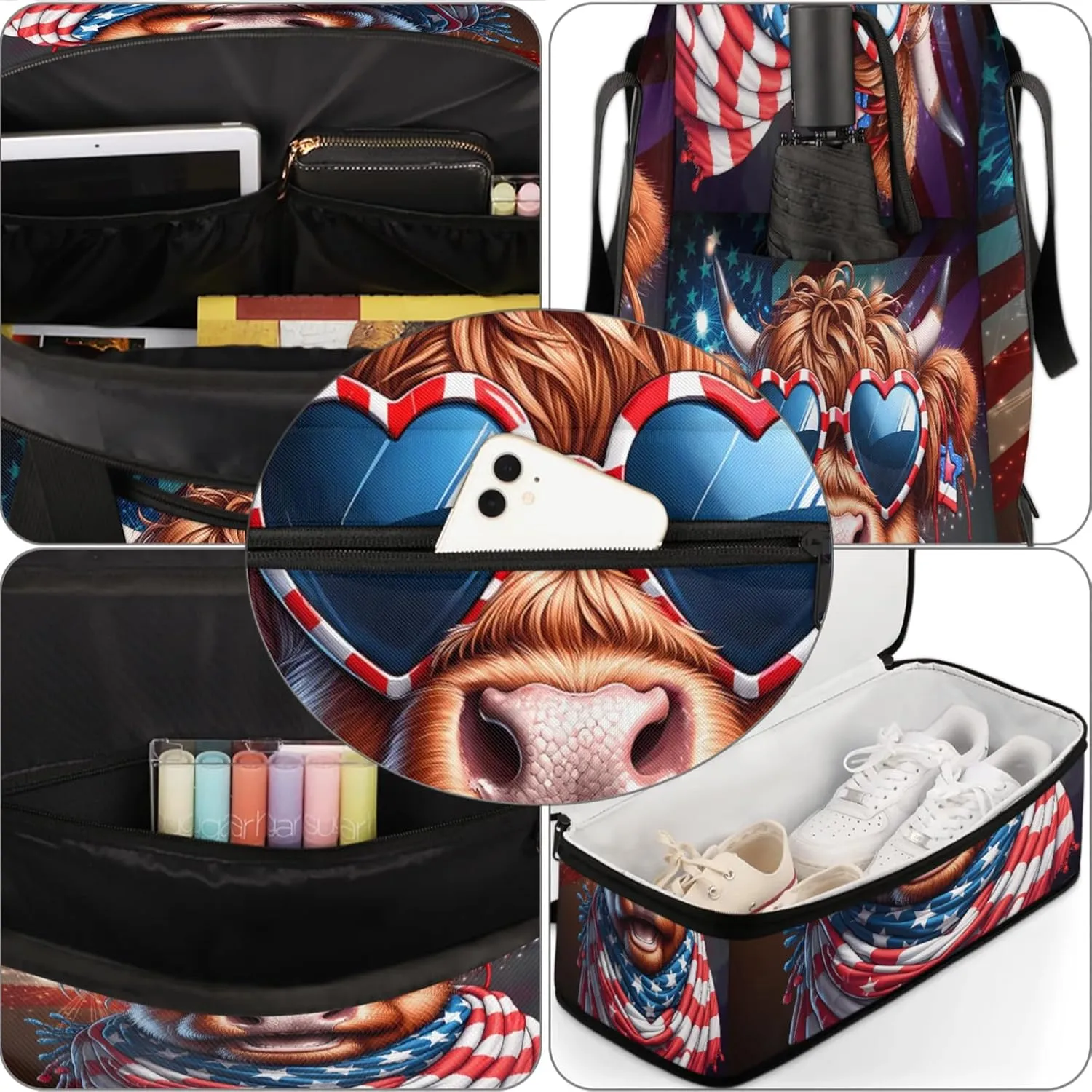 Large Travel Duffel Bag for Women Men Highland Cow Glasses Gym Bag Weekender Overnight Bags With Shoe Compartment Foldie Travel Tote Bag Carry On Personal Item Bag for Travel Gym Sports