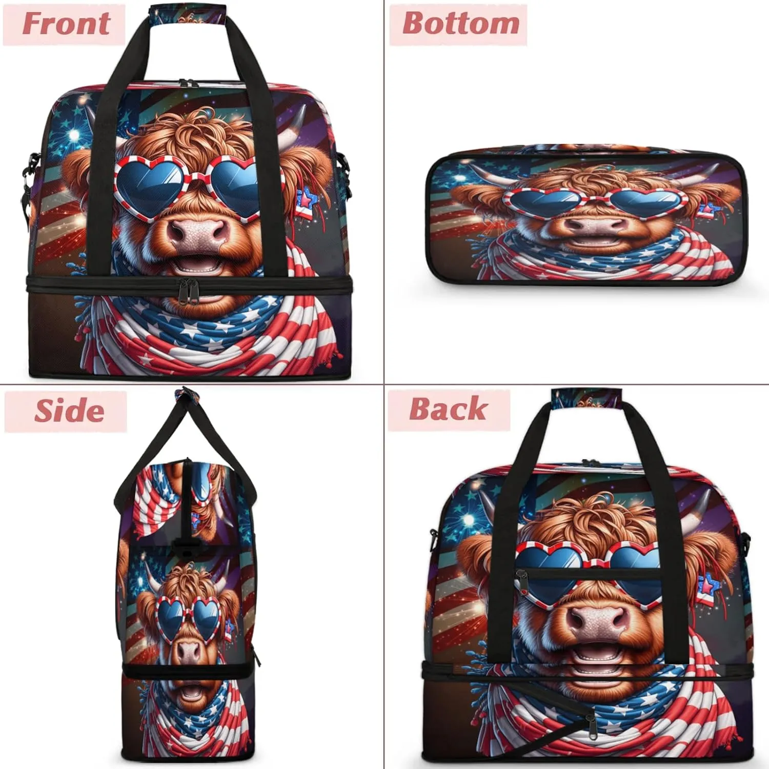 Large Travel Duffel Bag for Women Men Highland Cow Glasses Gym Bag Weekender Overnight Bags With Shoe Compartment Foldie Travel Tote Bag Carry On Personal Item Bag for Travel Gym Sports