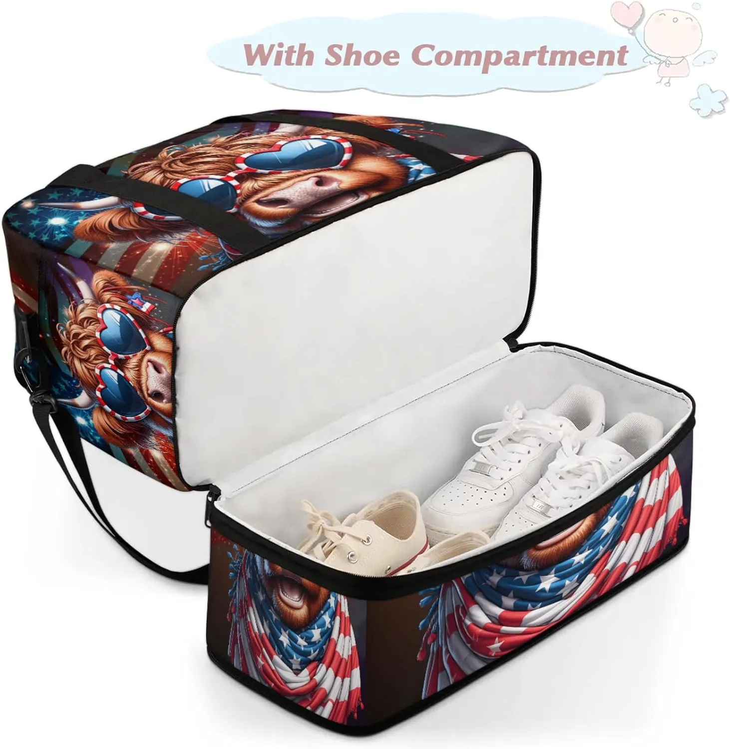 Large Travel Duffel Bag for Women Men Highland Cow Glasses Gym Bag Weekender Overnight Bags With Shoe Compartment Foldie Travel Tote Bag Carry On Personal Item Bag for Travel Gym Sports