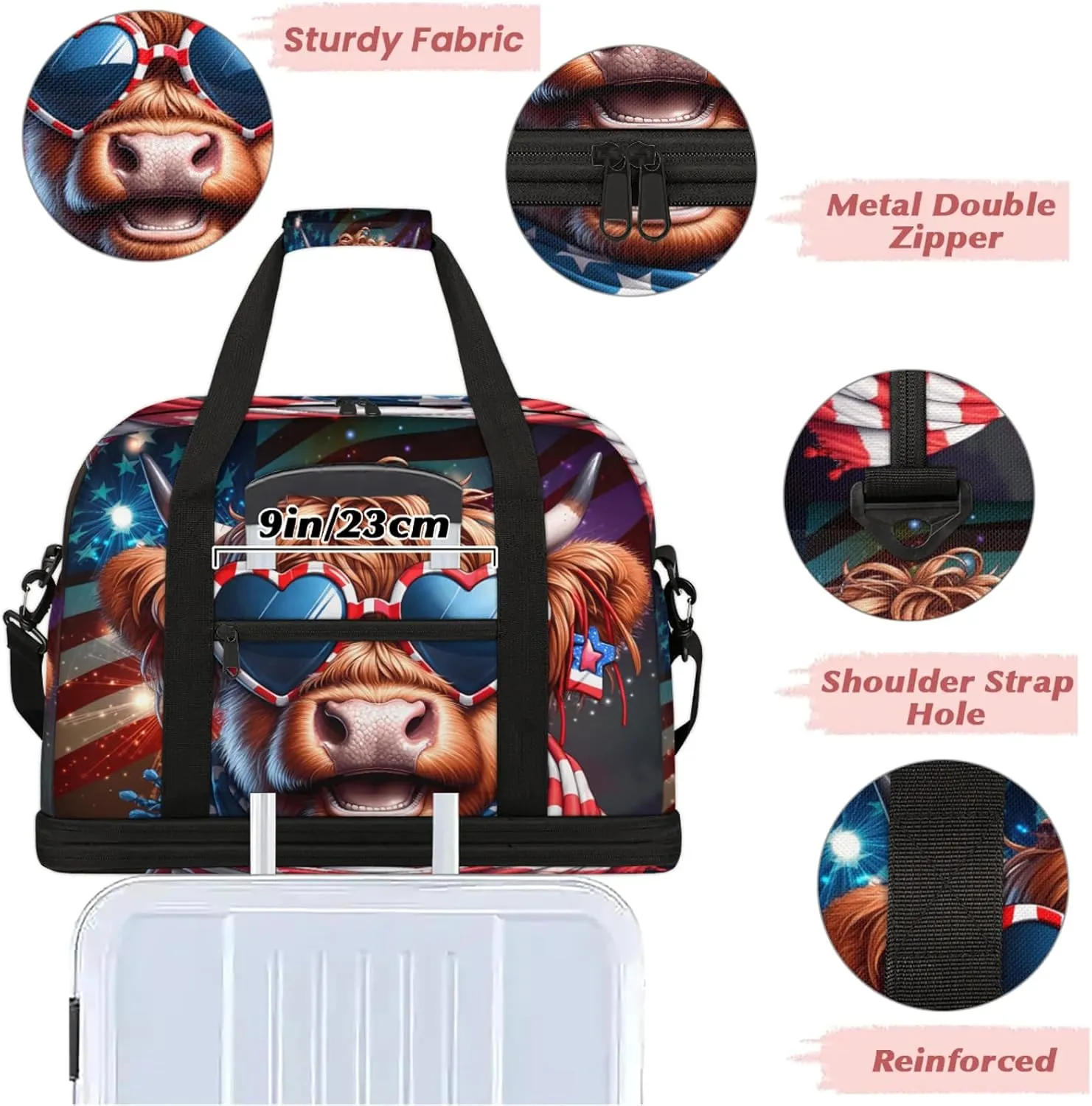 Large Travel Duffel Bag for Women Men Highland Cow Glasses Gym Bag Weekender Overnight Bags With Shoe Compartment Foldie Travel Tote Bag Carry On Personal Item Bag for Travel Gym Sports