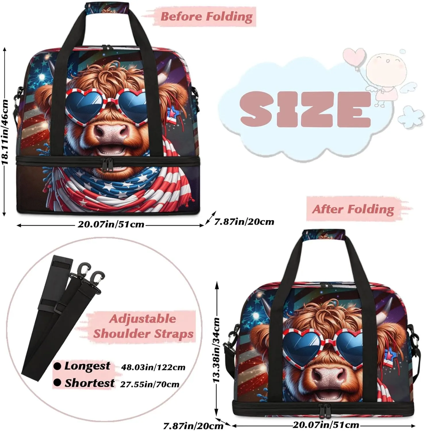 Large Travel Duffel Bag for Women Men Highland Cow Glasses Gym Bag Weekender Overnight Bags With Shoe Compartment Foldie Travel Tote Bag Carry On Personal Item Bag for Travel Gym Sports