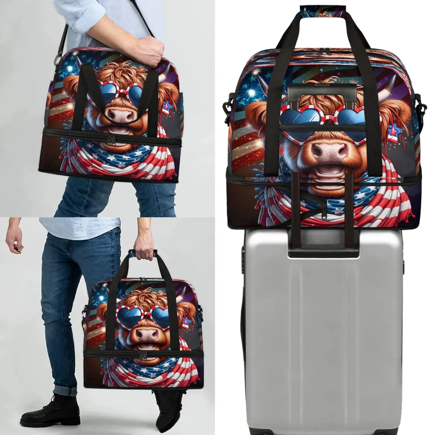 Large Travel Duffel Bag for Women Men Highland Cow Glasses Gym Bag Weekender Overnight Bags With Shoe Compartment Foldie Travel Tote Bag Carry On Personal Item Bag for Travel Gym Sports