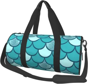 Large Weekender Overnight Bag Fashion Sports Gym Bag Turquoise Glitter Fish Mermaid Scales Travel Duffel Bag With Adjustable Shoulder Strap