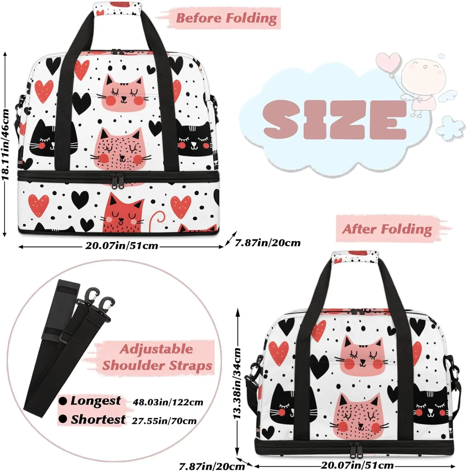 Large Weekender Overnight Bags Travel Duffel Bag for Women Men Cute Cat Love Gym Bag With Shoe Compartment Foldie Travel Tote Bag Carry On Personal Item Bag for Travel Gym Sports