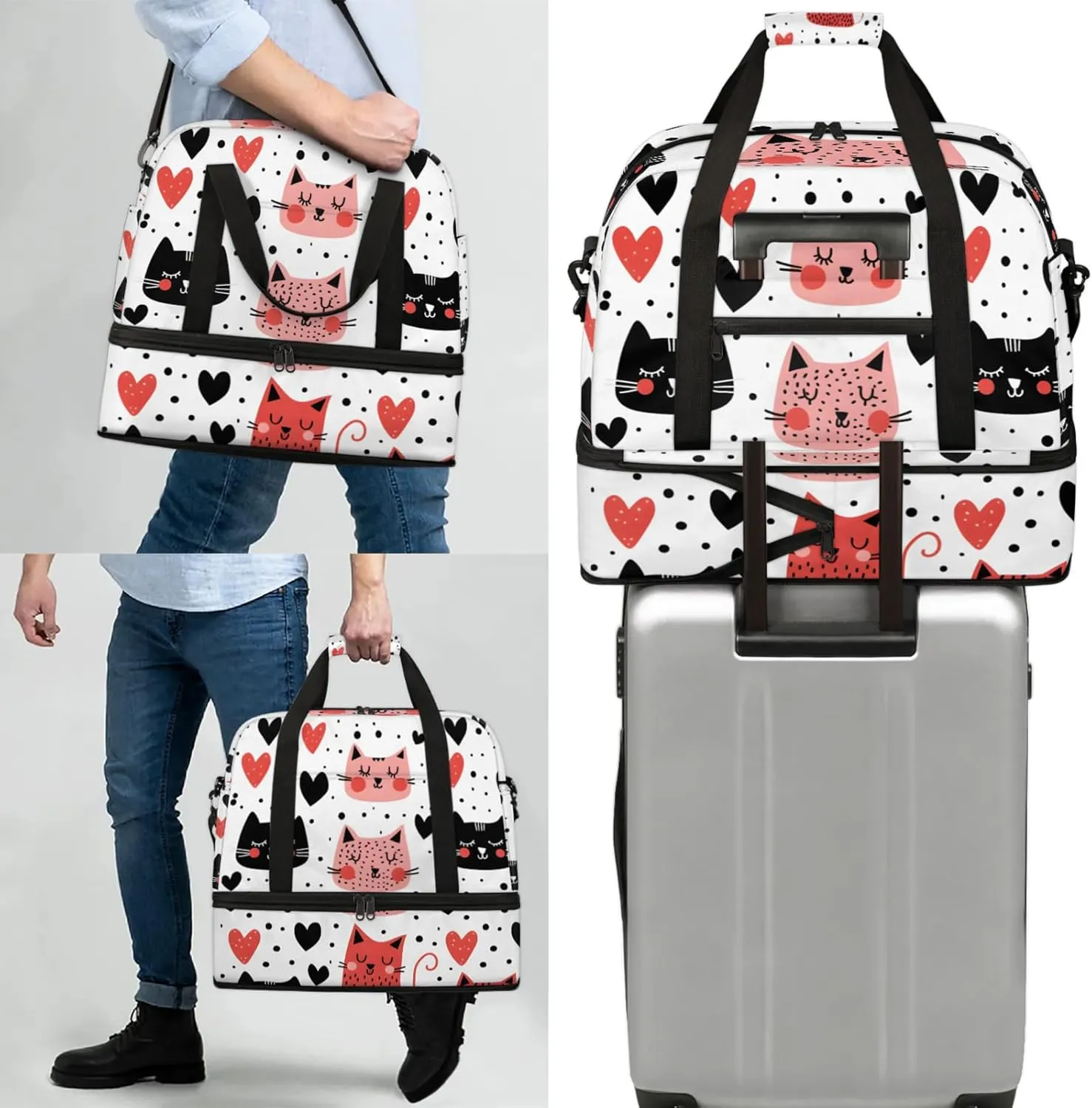 Large Weekender Overnight Bags Travel Duffel Bag for Women Men Cute Cat Love Gym Bag With Shoe Compartment Foldie Travel Tote Bag Carry On Personal Item Bag for Travel Gym Sports