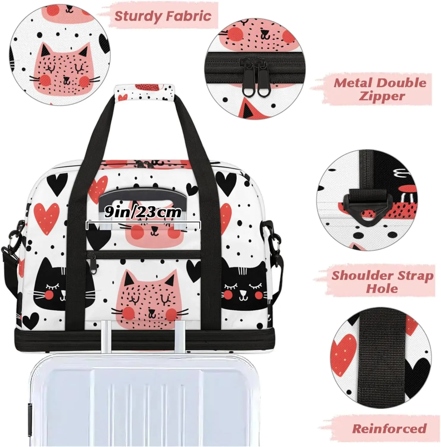 Large Weekender Overnight Bags Travel Duffel Bag for Women Men Cute Cat Love Gym Bag With Shoe Compartment Foldie Travel Tote Bag Carry On Personal Item Bag for Travel Gym Sports