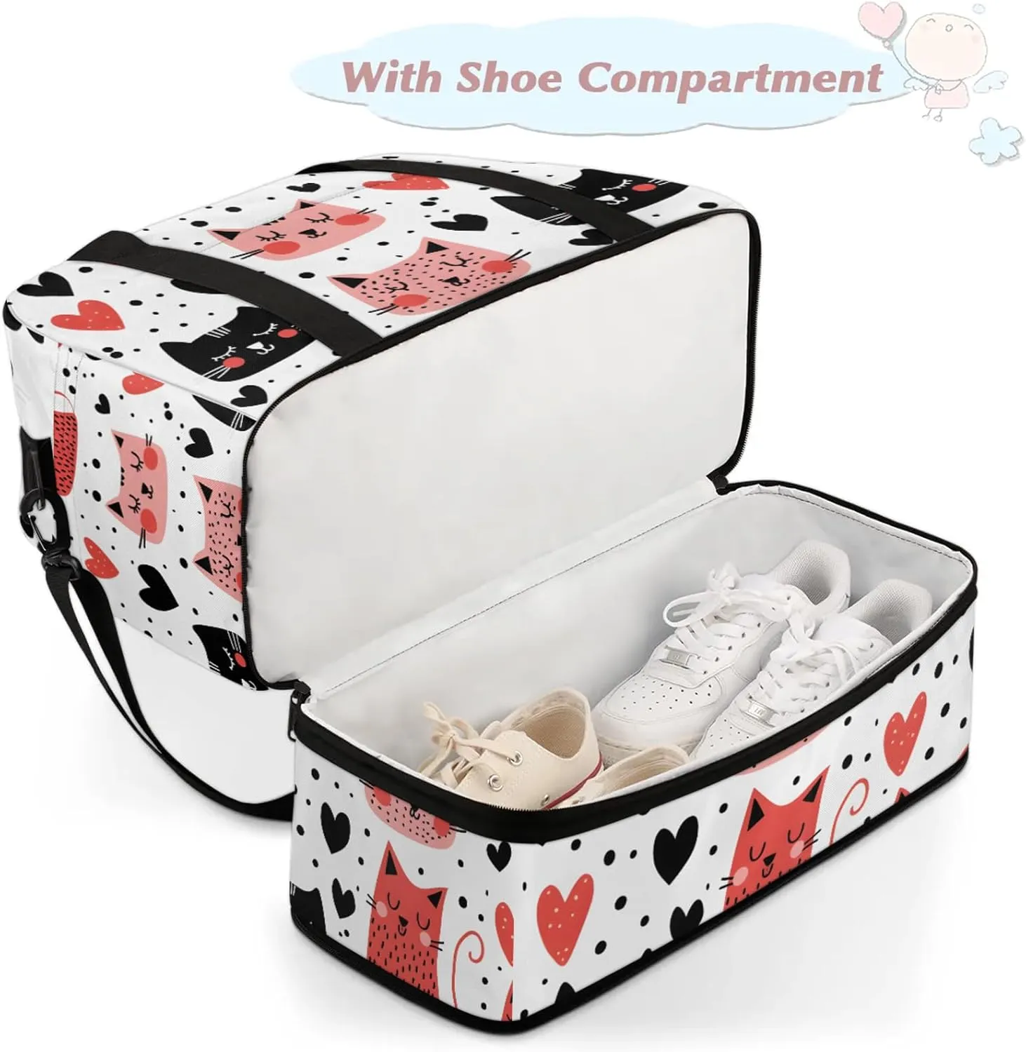 Large Weekender Overnight Bags Travel Duffel Bag for Women Men Cute Cat Love Gym Bag With Shoe Compartment Foldie Travel Tote Bag Carry On Personal Item Bag for Travel Gym Sports