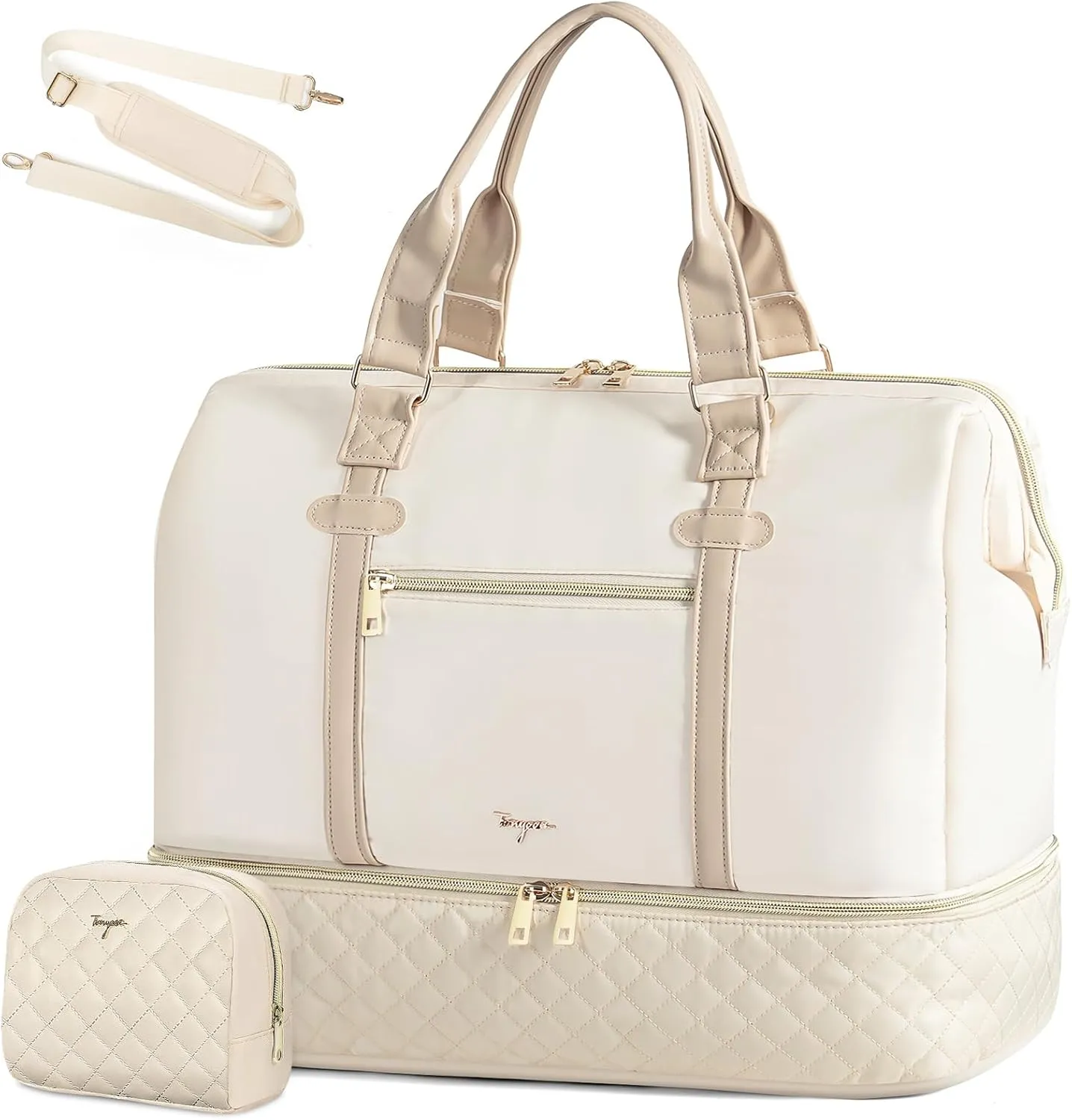 Large Women Travel Duffle Bag - Carry on Overnight Weekend Travel Tote with Wet Pocket, Toiletry, Weekender Bag, Gym, Sport, Hospital, Business Trip, Yoga, Sports, Beige