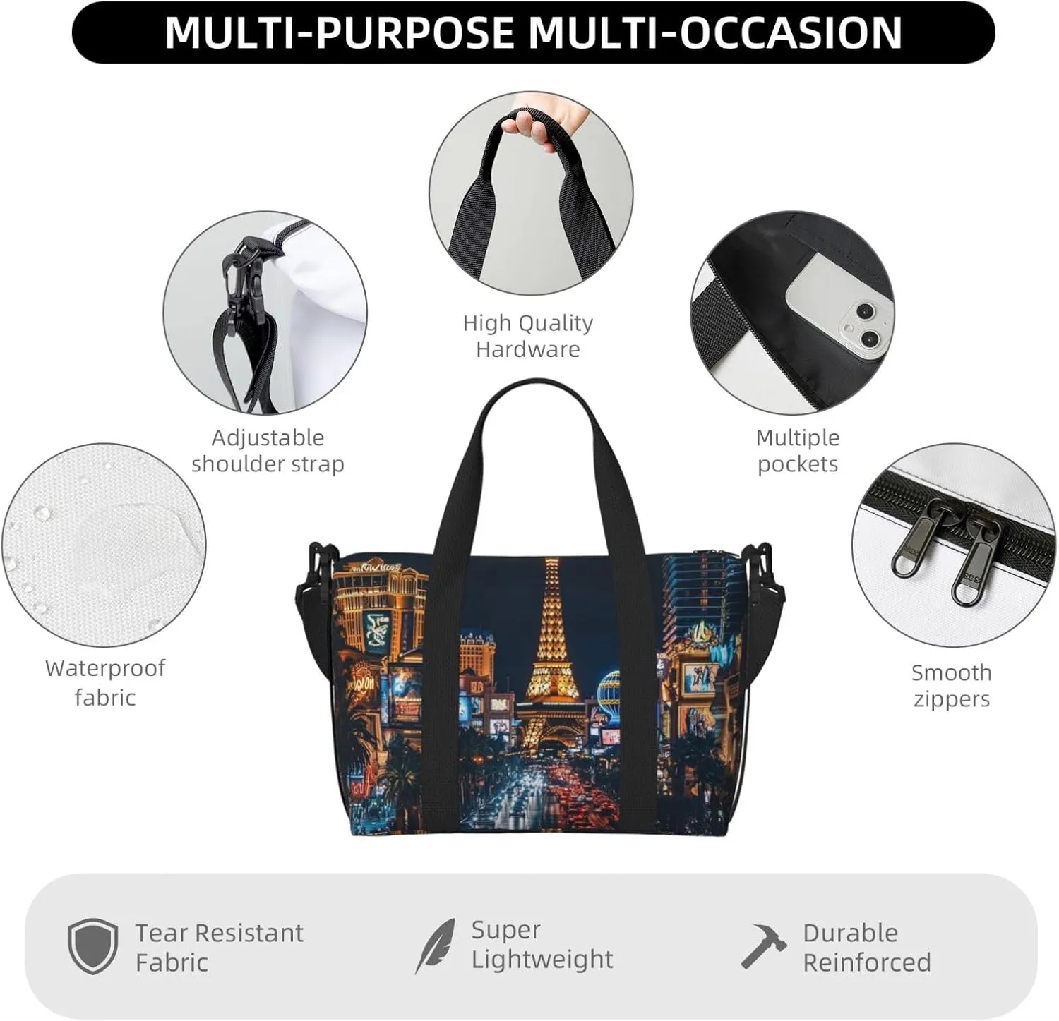 Las Vegas city art print Travel Duffel Bag, Sports Tote Gym Bag, Swim Pool Bag Large Shoulder Tote Bag for Beach Weekender