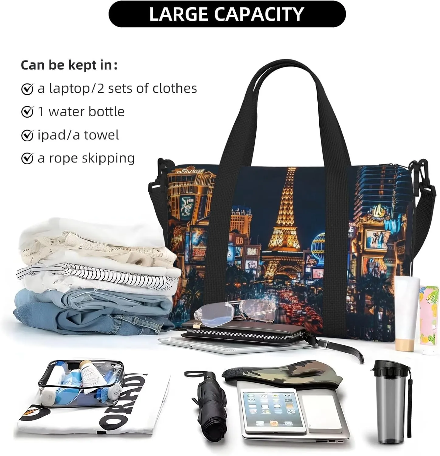 Las Vegas city art print Travel Duffel Bag, Sports Tote Gym Bag, Swim Pool Bag Large Shoulder Tote Bag for Beach Weekender