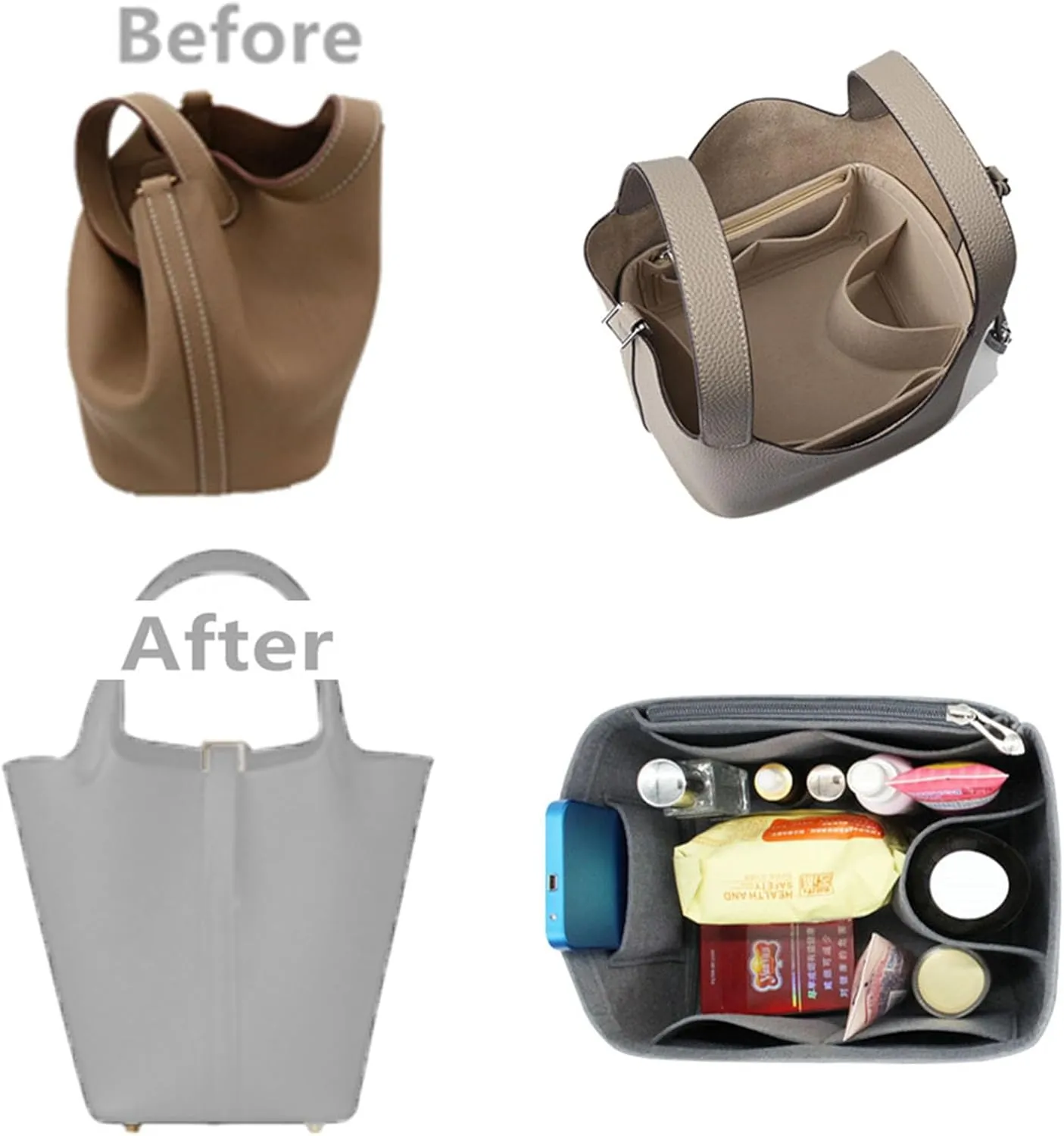 Lckaey Minimalist Grey Felt Handbag Organizer Insert for Picotin 26 Bucket Bag Liner Bag Zipper Lid Liner Organizer
