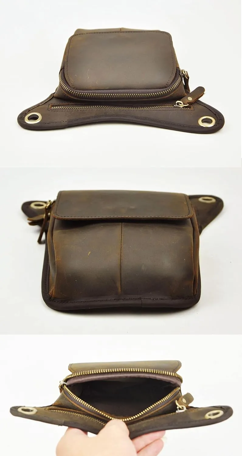 Le'aokuu Mens Genuine Leather Motorcycle Waist Pack Messenger Shoulder Drop Leg Bag
