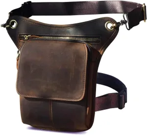 Le'aokuu Mens Genuine Leather Motorcycle Waist Pack Messenger Shoulder Drop Leg Bag