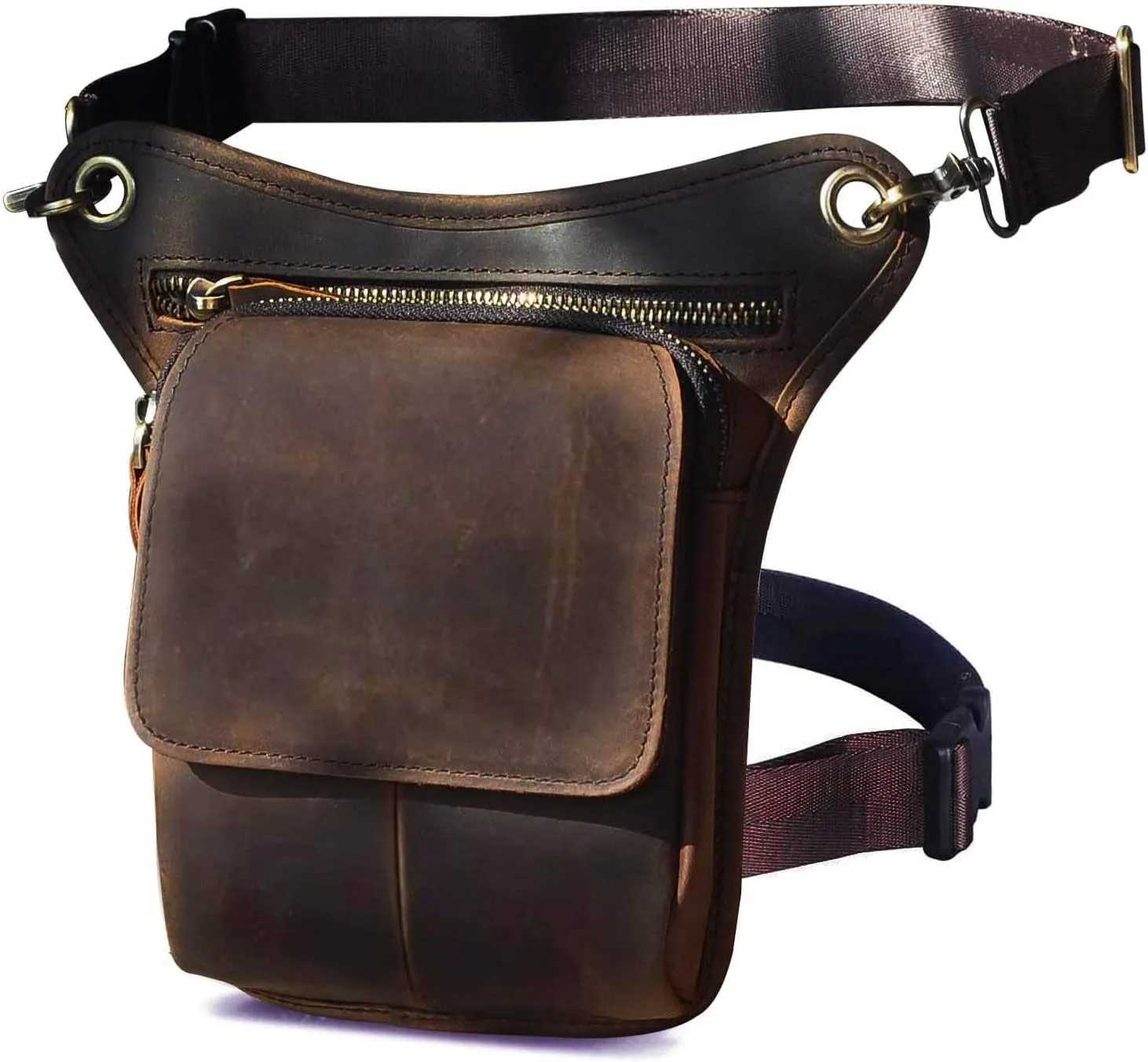 Le'aokuu Mens Genuine Leather Motorcycle Waist Pack Messenger Shoulder Drop Leg Bag
