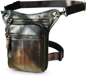 Le'aokuu Mens Genuine Leather Motorcycle Waist Pack Messenger Shoulder Drop Leg Bag