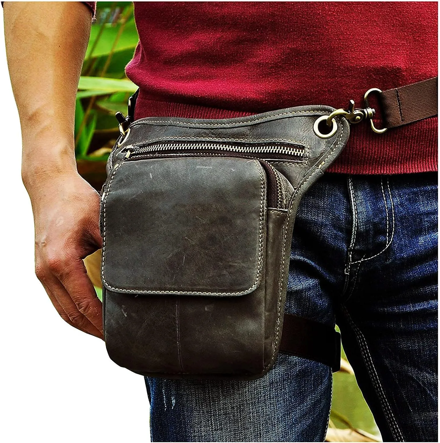 Le'aokuu Mens Genuine Leather Motorcycle Waist Pack Messenger Shoulder Drop Leg Bag