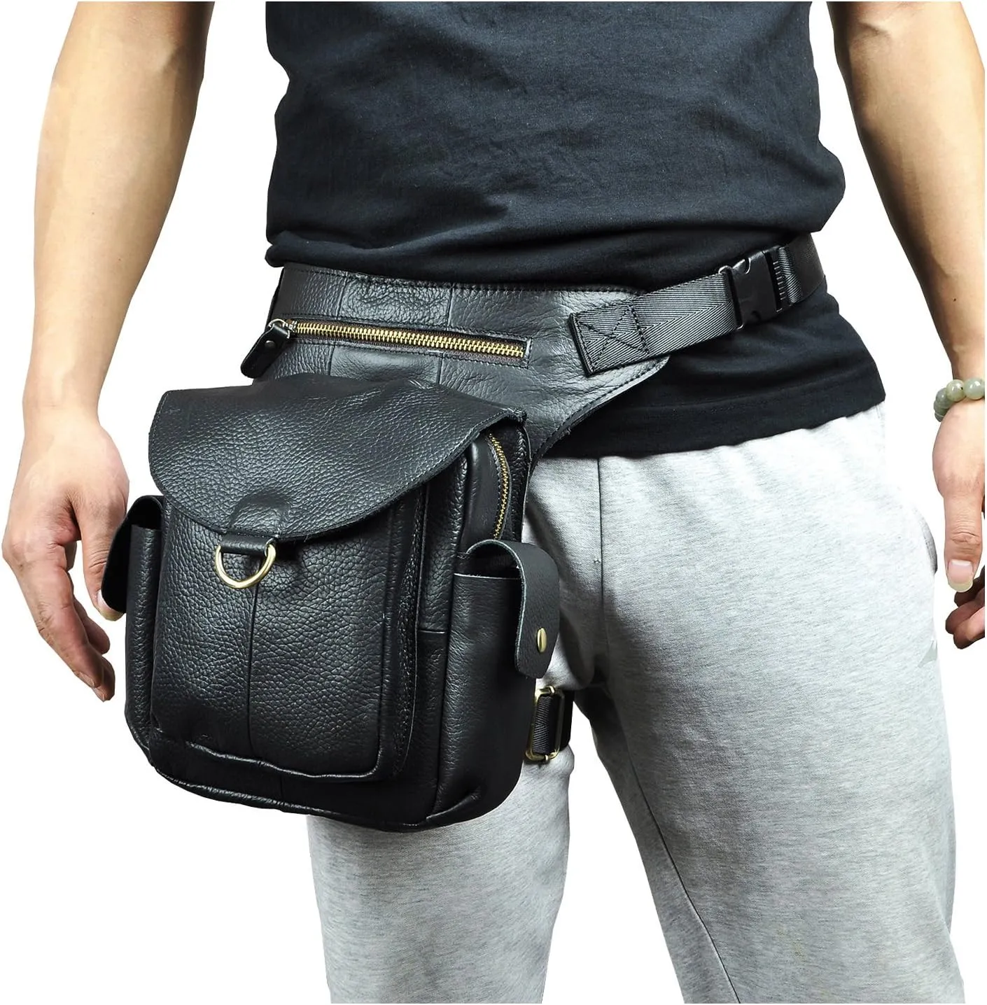 Le'aokuu Mens Leather Messenger Shoulder Bag Motorcycle Tactic Fanny Belt Waist Bag Pack Pouch Drop Leg Bag…