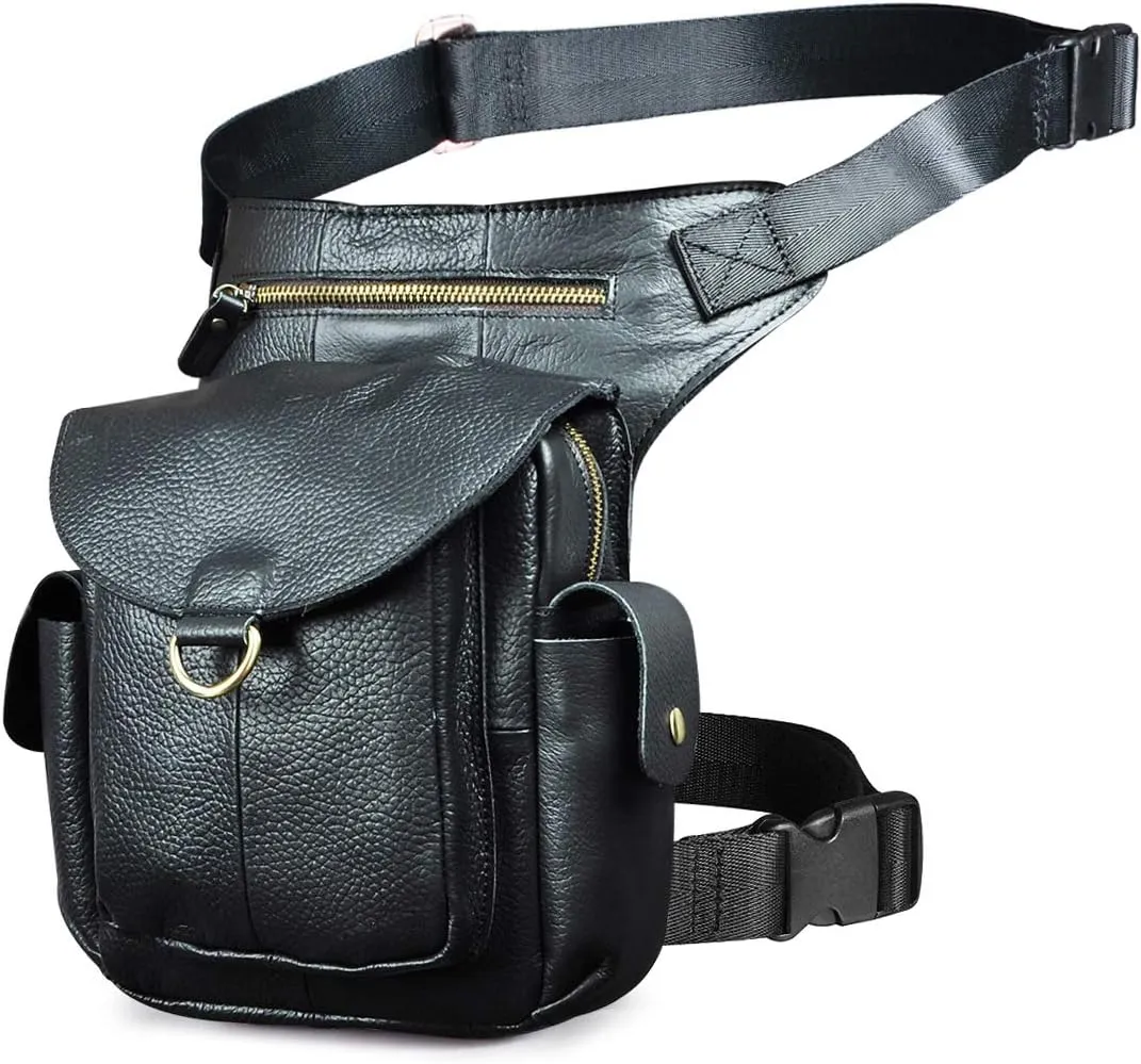 Le'aokuu Mens Leather Messenger Shoulder Bag Motorcycle Tactic Fanny Belt Waist Bag Pack Pouch Drop Leg Bag…