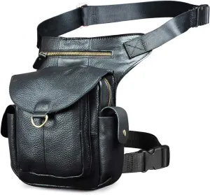 Le'aokuu Mens Leather Messenger Shoulder Bag Motorcycle Tactic Fanny Belt Waist Bag Pack Pouch Drop Leg Bag…