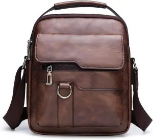 Leather Messenger Bag, iPad Compatible Crossbody Bag, 22 x 26 x 6 cm, Brown, Multiple Compartments