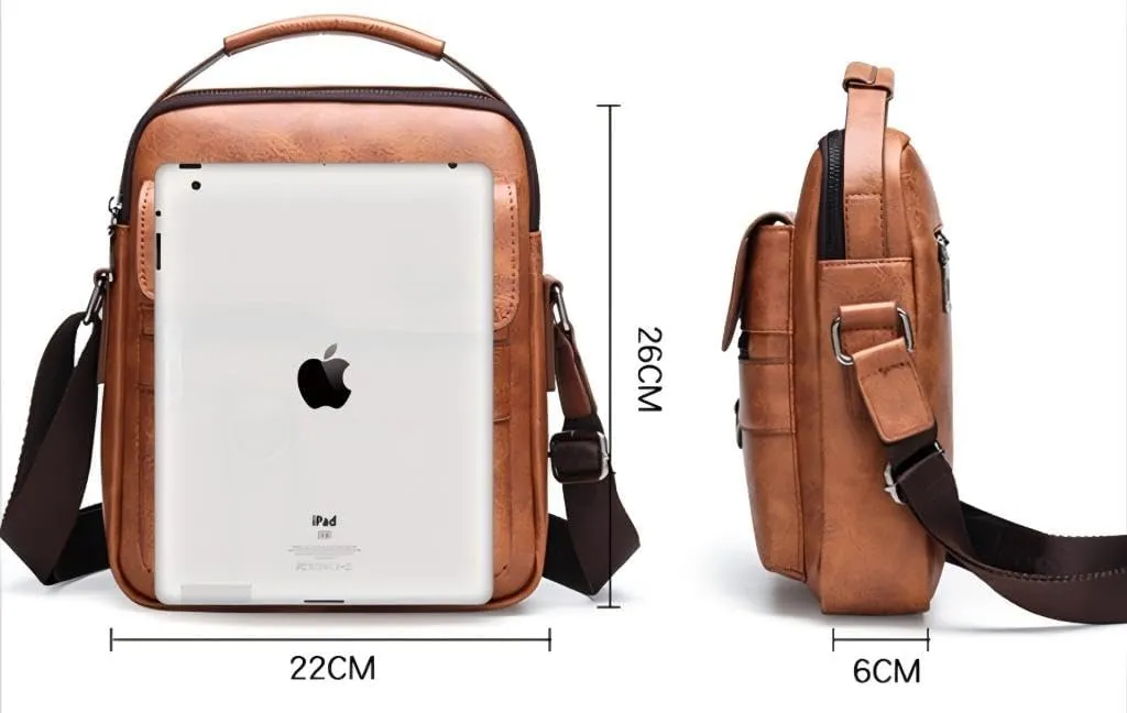 Leather Messenger Bag, iPad Compatible Crossbody Bag, 22 x 26 x 6 cm, Brown, Multiple Compartments