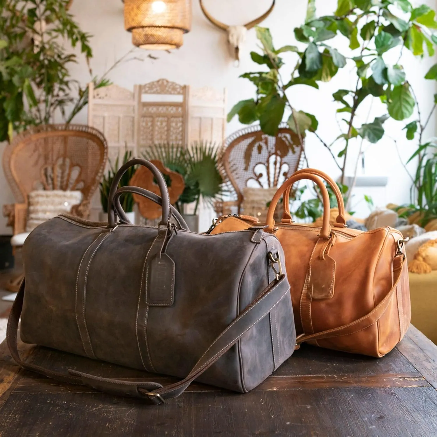 Leather Travel Duffel Bag, Weekender,Brown travel weekender hold all overnight carry on duffel with shoe compartment pocket (with out shoe pocket, 20 inch)