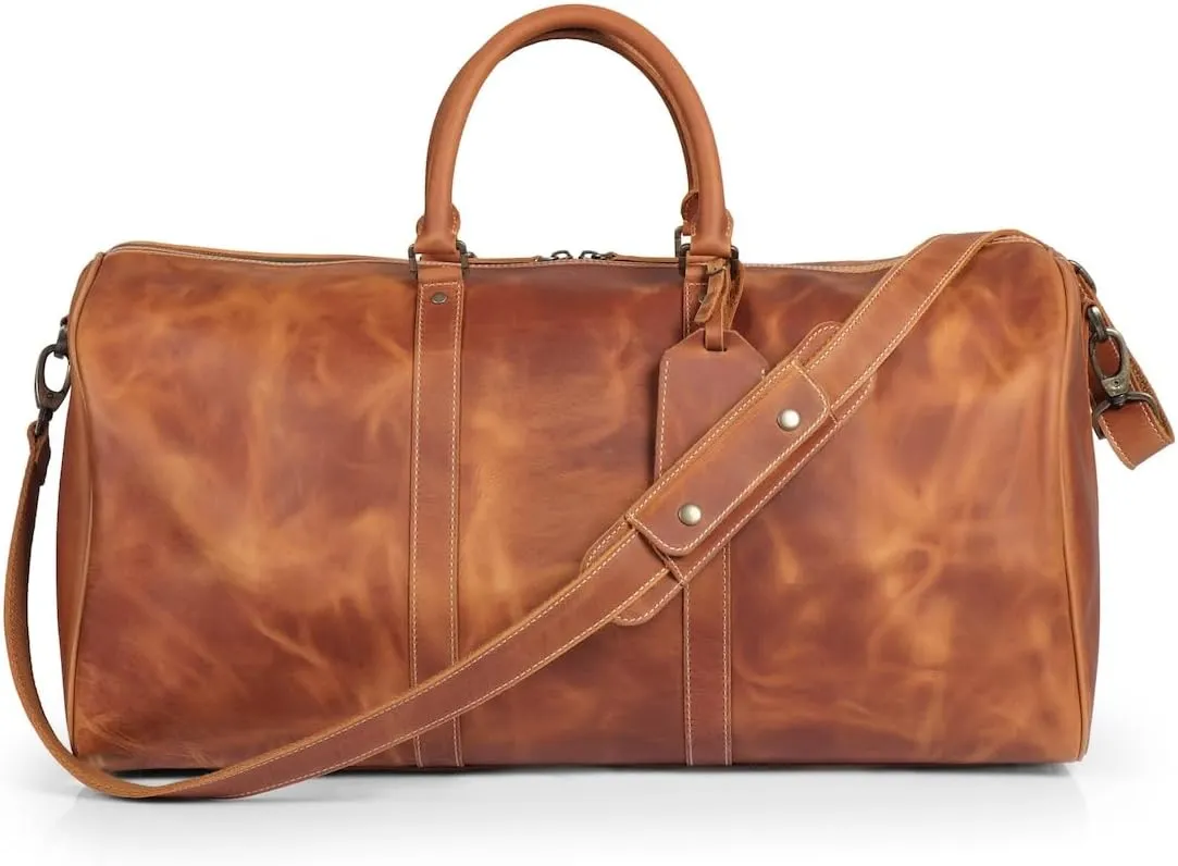 Leather Travel Duffel Bag, Weekender,Brown travel weekender hold all overnight carry on duffel with shoe compartment pocket (with out shoe pocket, 20 inch)