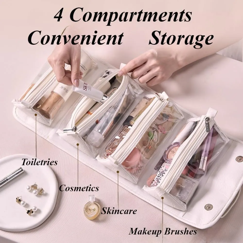 Leather Waterproof Cosmetic Bag Detachable 4 in 1 Travel Toiletry Bag with 4 Detachable Clear Compartment Roll up Makeup Bag Hanging Makeup Bag Leather Multi Compartment Cosmetic Bag (Black)