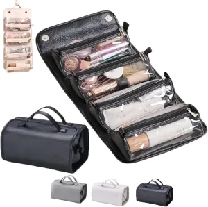 Leather Waterproof Cosmetic Bag Detachable 4 in 1 Travel Toiletry Bag with 4 Detachable Clear Compartment Roll up Makeup Bag Hanging Makeup Bag Leather Multi Compartment Cosmetic Bag (Black)