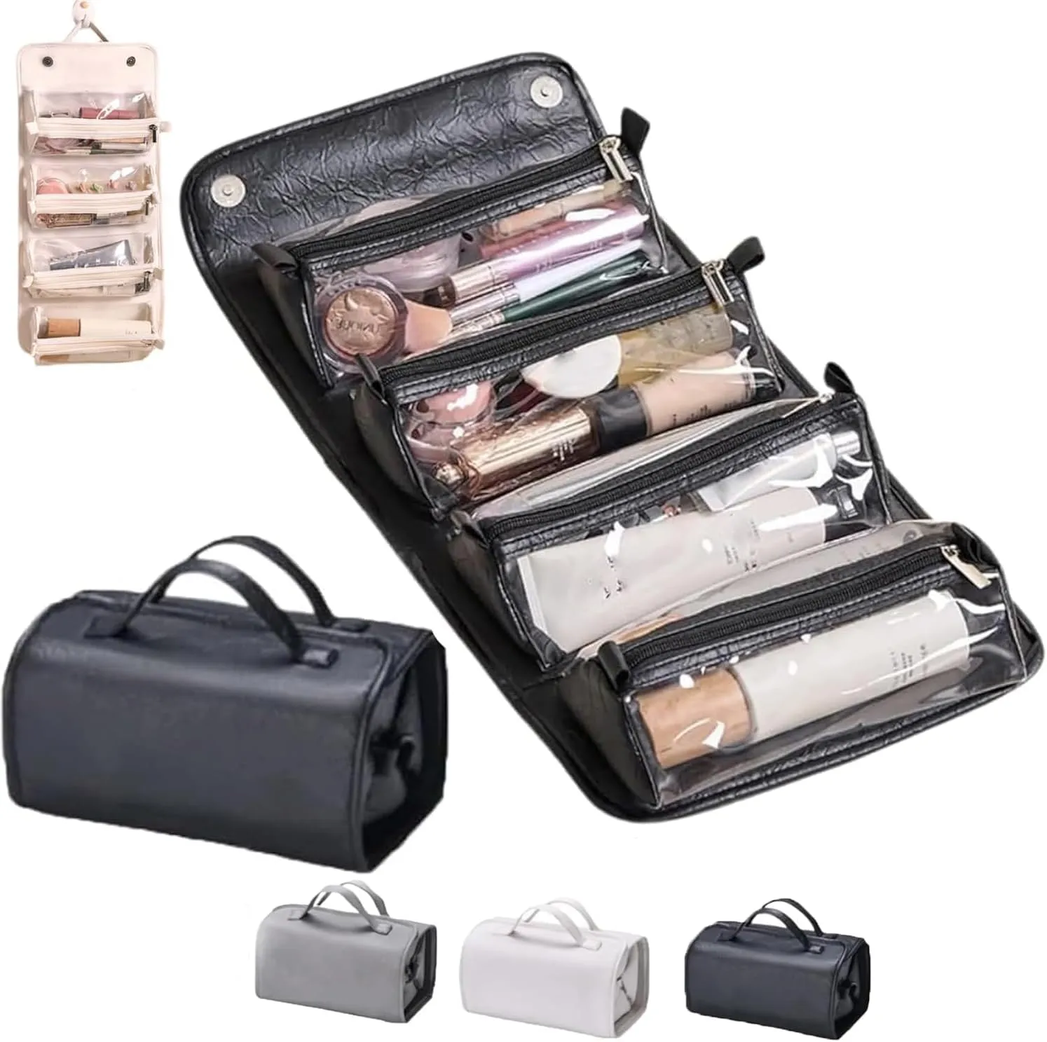 Leather Waterproof Cosmetic Bag Detachable 4 in 1 Travel Toiletry Bag with 4 Detachable Clear Compartment Roll up Makeup Bag Hanging Makeup Bag Leather Multi Compartment Cosmetic Bag (Black)