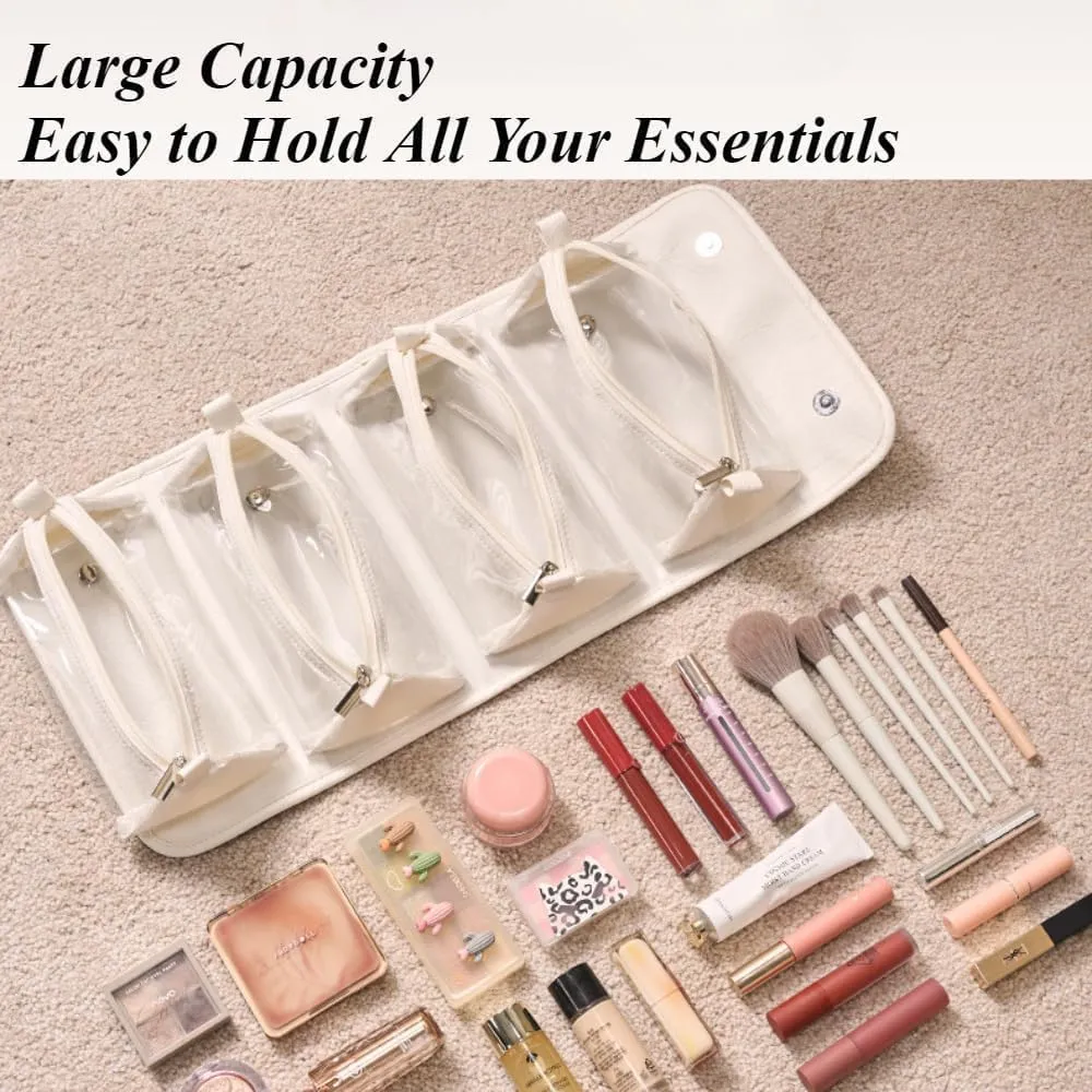 Leather Waterproof Cosmetic Bag Detachable 4 in 1 Travel Toiletry Bag with 4 Detachable Clear Compartment Roll up Makeup Bag Hanging Makeup Bag Leather Multi Compartment Cosmetic Bag (Black)