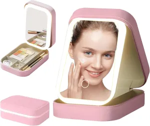 LED 3-Colors Adjustable Makeup Mirror, Jewelry Box,Travel Makeup Bag with Lighting Mirror, Rechargeable Makeup Bag with Led Mirror,Organizer Bag Portable Makeup Box (Pink)