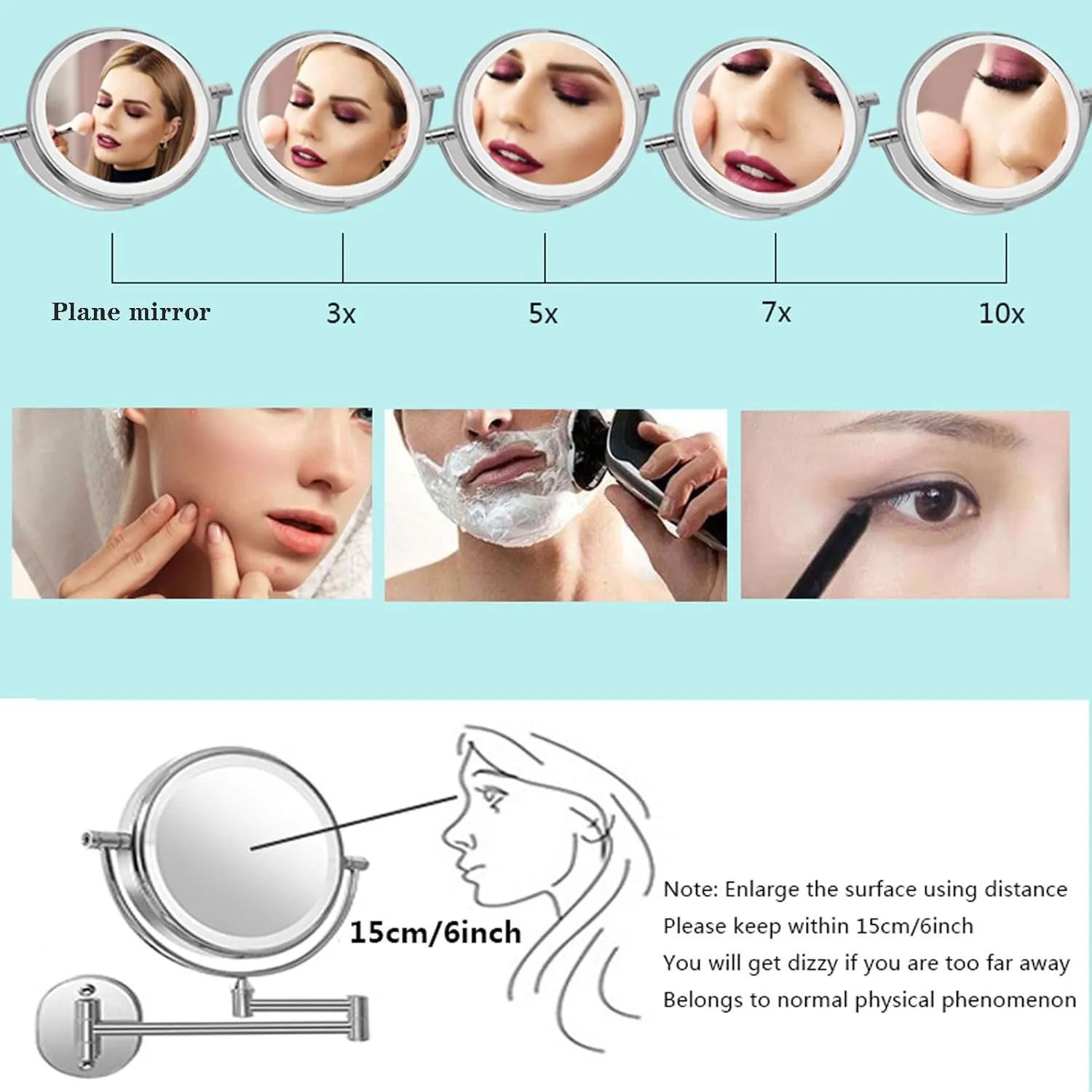 LED Double-sided Bathroom Magnifying Mirror, Wall-mounted Makeup Mirror, Touch Sensor Dimming Cosmetic Mirror, Foldable Shaving Mirror Vanity Mirror