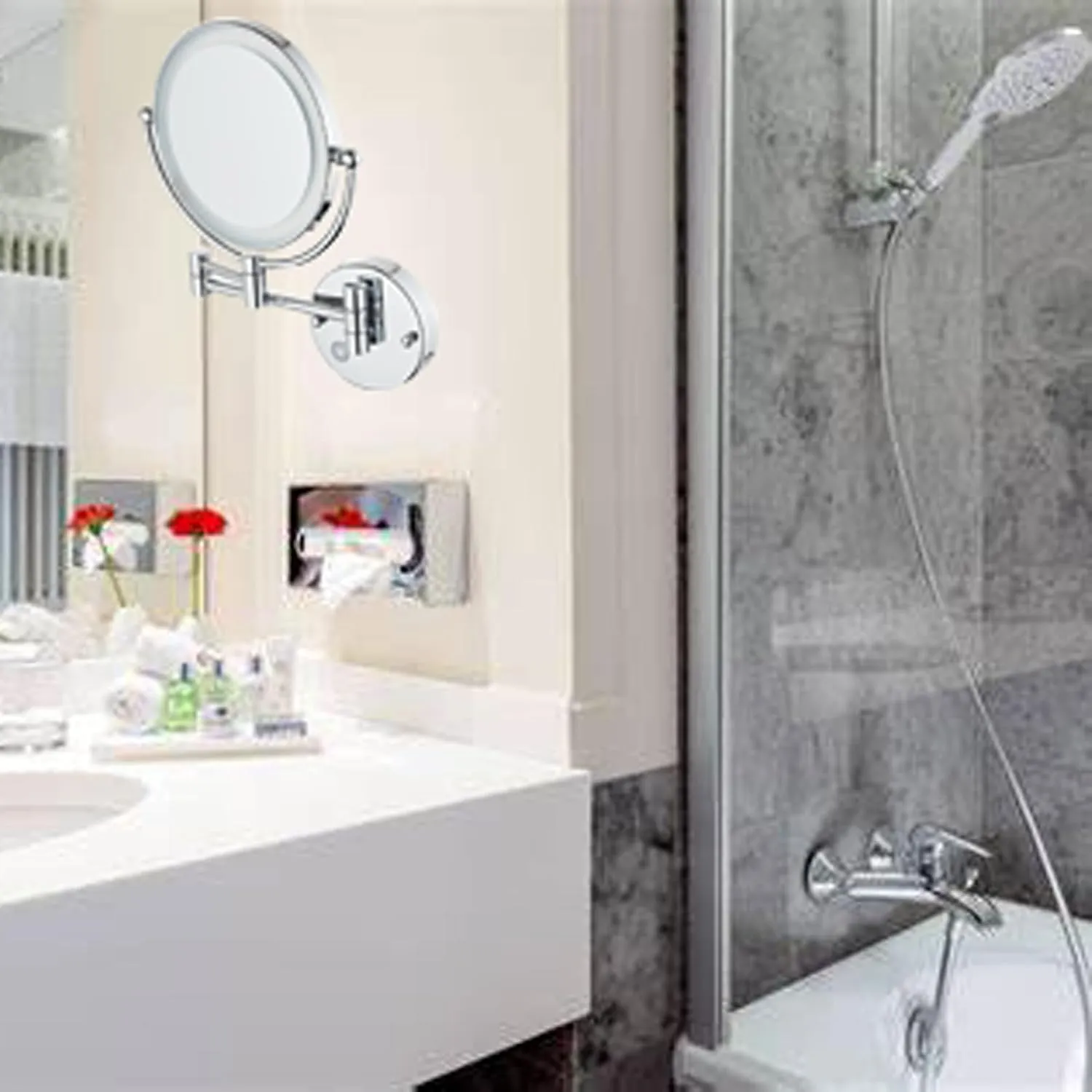 LED Double-sided Bathroom Magnifying Mirror, Wall-mounted Makeup Mirror, Touch Sensor Dimming Cosmetic Mirror, Foldable Shaving Mirror Vanity Mirror