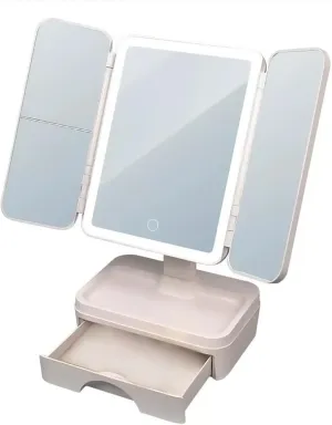 LED Makeup Mirror with Storage, Three-Color lamp, Magnification, can be Folded and Have its Angle Adjusted