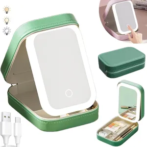 LED Three-Color Adjustable Makeup Mirror, Travel Makeup Case with Mirror, Smart Touch 3 Colors, Portable Makeup Artist Organizer Bag with Adjustable Dividers,Vanity Jewelry Box (Green)