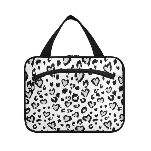Leopard Jaguar Skin with Grey Hearts Black Spots Animal Print 1 PC Hanging Travel Wash bag with Handles, Portable Makeup Organizer Brush Storage Case Portable Travel Cosmetic with Hook M