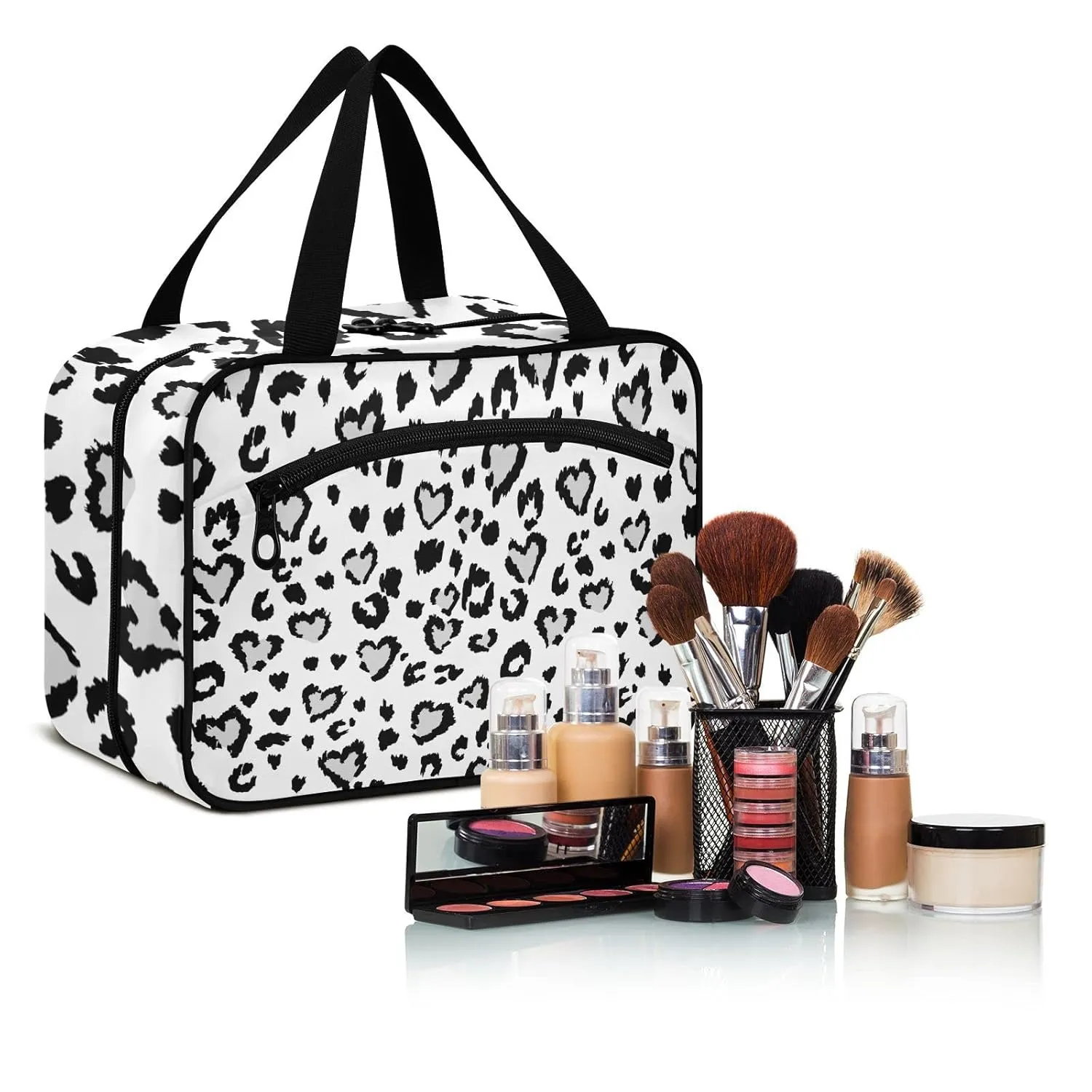 Leopard Jaguar Skin with Grey Hearts Black Spots Animal Print 1 PC Hanging Travel Wash bag with Handles, Portable Makeup Organizer Brush Storage Case Portable Travel Cosmetic with Hook M