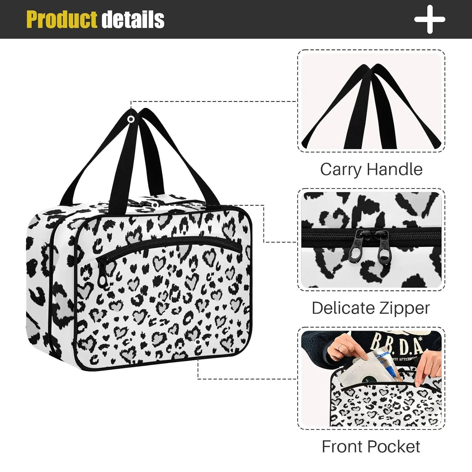 Leopard Jaguar Skin with Grey Hearts Black Spots Animal Print 1 PC Hanging Travel Wash bag with Handles, Portable Makeup Organizer Brush Storage Case Portable Travel Cosmetic with Hook M