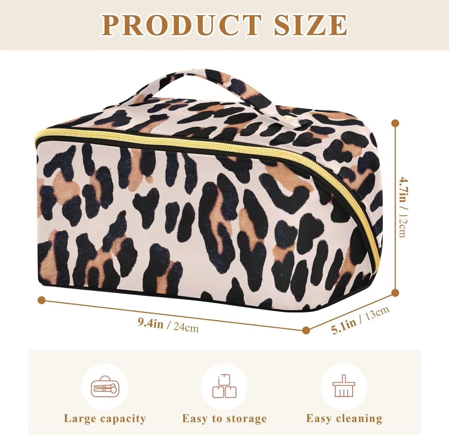 Leopard Print Travel Makeup Bag Portable Cosmetic Pouch Large Capacity Make up Bag Toiletry Bag with Divider and Handle for Women