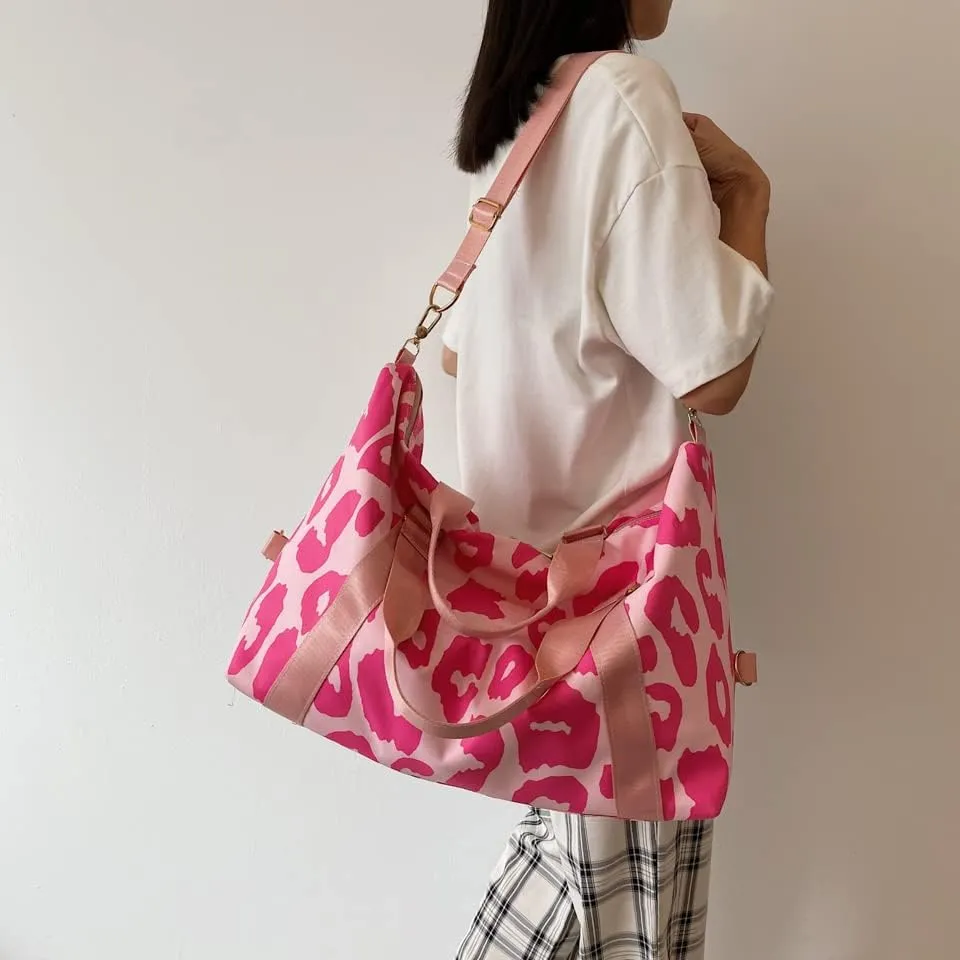 Leopard Print Weekender Tote Bag Gym Duffle Bag for Women Travel Overnight Bag Teacher Bag With Shoulder Strap (Pink)