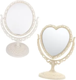 LIFKOME 2Pcs Vintage Rotatable Makeup Mirror Chic Desktop Dresser Decor High Definition Heart Design for Shaving Dressing and Present Giving