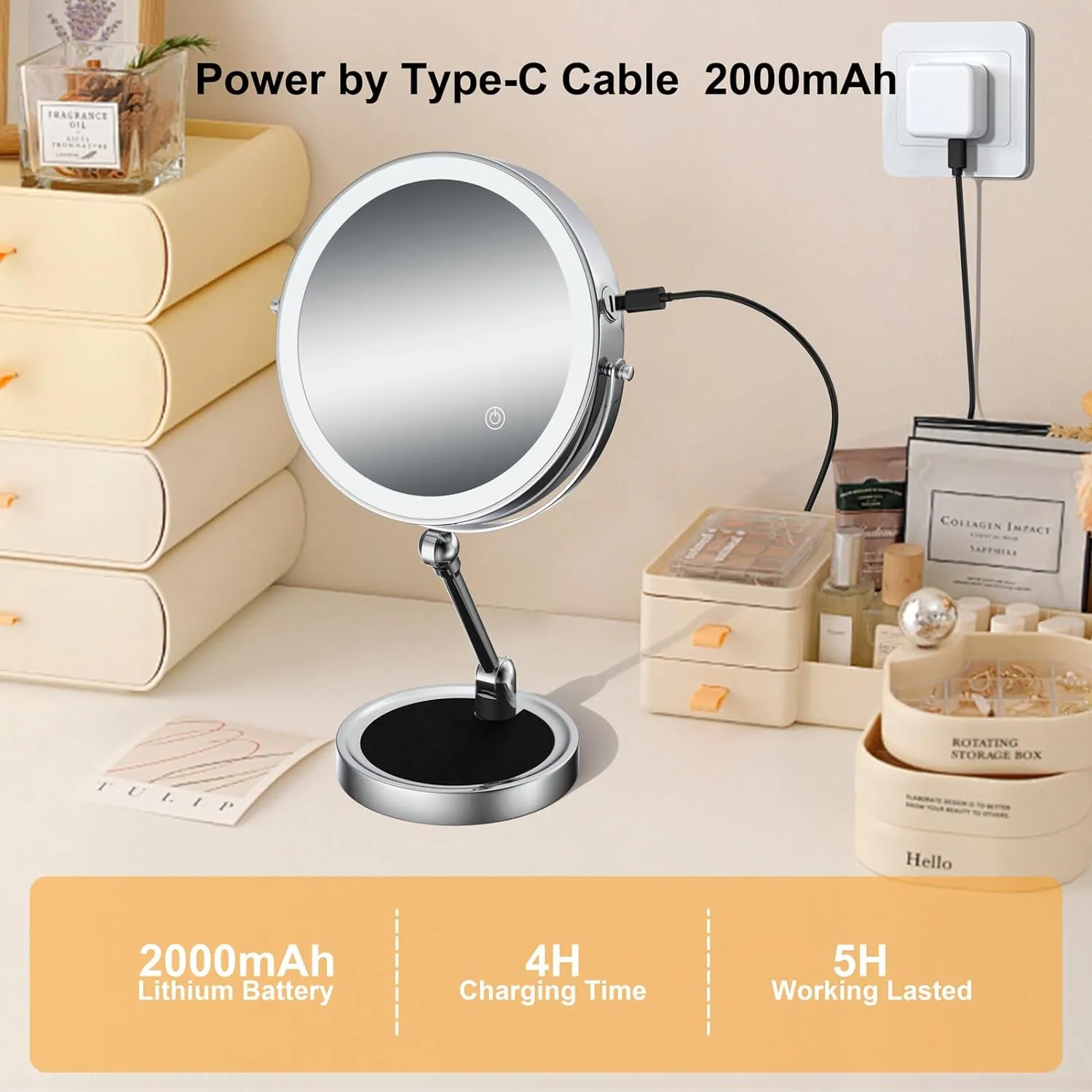 Lighted Makeup Mirror [Latest Version], Real 3000mah Rechargeable Double Sided 10x Magnifying Mirror with 3 Colors Tabletop Standing Vanity Mirror with Adjustable Height,Chrome