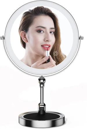 Lighted Makeup Mirror [Latest Version], Real 3000mah Rechargeable Double Sided 10x Magnifying Mirror with 3 Colors Tabletop Standing Vanity Mirror with Adjustable Height,Chrome